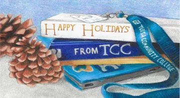 澳门线上博彩 holiday card design shows drawing of textbooks with lanyard and pinecones