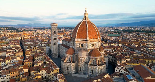 Aerial view of Florence Cathedral (Duomo di Firenze), Cathedral of Saint Mary of the Flower at sunset