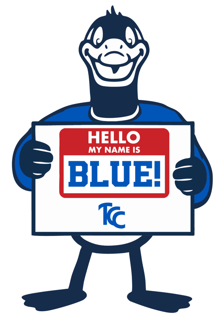 鹅 mascot holds up a sign that says "Hello my name is Blue"